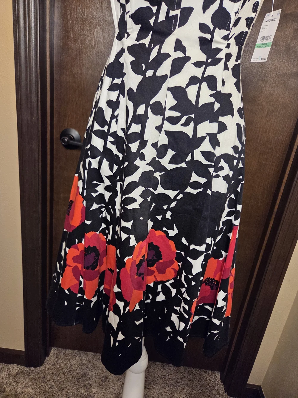 Nine West Black & White Floral Midi Dress with Red Floral Border NWT - Picture 4 of 14